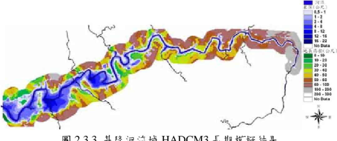 圖 2.3.3  基隆河流域 HADCM3 長期模擬結果  接著鹽水溪模擬區域採用 DTM 精度 200 公尺*200 公尺，以 24 小時延時颱風雨為 降雨代表型態，且由內政部地政司的台灣省國土利用現況調查數化資料來決定不同土 地利用狀況之曼寧糙度 n 值，堤防等相關水利設施係以「鹽水溪治理基本計畫」規劃 中或已完成之現有資料為準。  圖 2.3.4 至圖 2.3.6 分別為氣候變遷短、中及長期的模擬結果，圖中顯示，較嚴重 之淹水潛勢區包括鹽水溪北岸新市鄉西側之大洲、安順寮排水路附近地區、鹽水溪南 岸永康