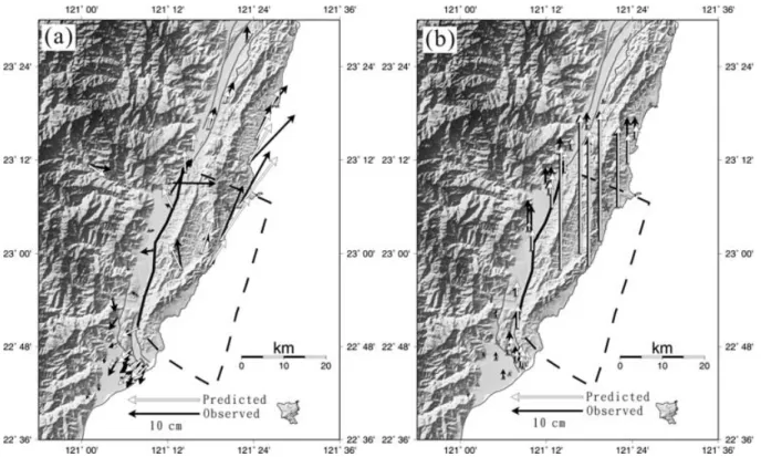 Figure 7. Coseismic displacements calculated at stations from the best-fitting fault model, to be compared with observed displacements obtained at 40 strong motion and six continuous GPS stations
