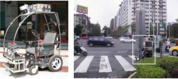 Fig. 1. Left: The PAL1 robot. Right: the robot collecting data at a crowded intersection near National Taiwan University.