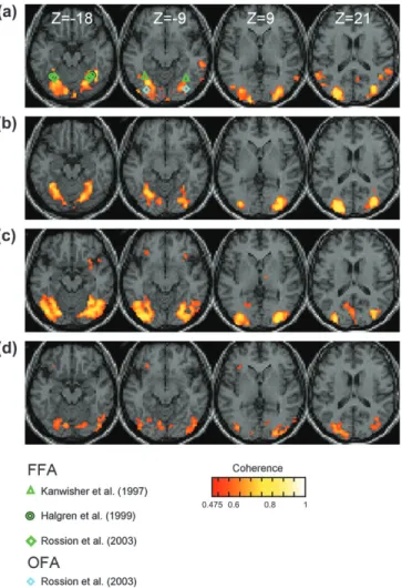 Figure 2. (a) Activation maps for the symmetry localizer (vs. Fourier-equated random images) averaged across observers on 3 views of the inflated brain
