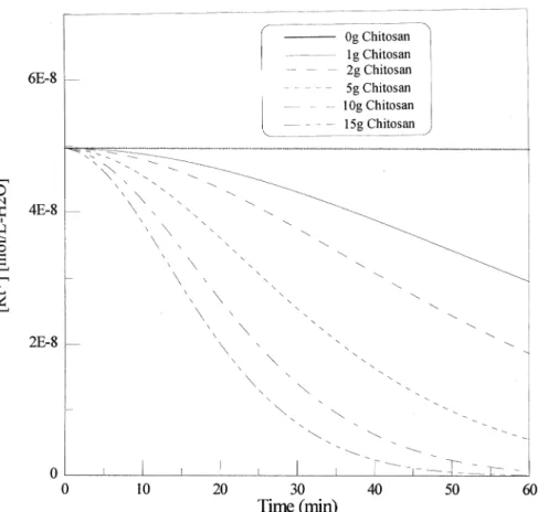 Fig. 4. Theoretical concentrations of total free radicals with degradation time at diﬀerent amounts of chitosan added