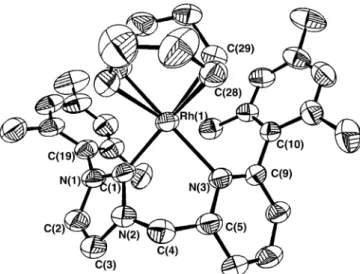 Fig. 2. Molecular structure of rhodium carbene complex 6 (30% proba- proba-bility ellipsoids).