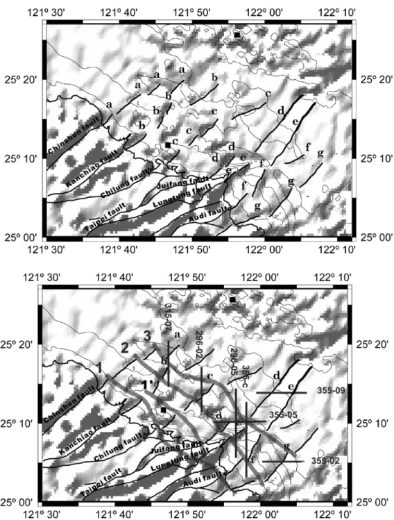 Fig. 10. Traces of faults mapping onto the diagram of topographic lineations. Methods and meanings of topographic shadings are described in the text