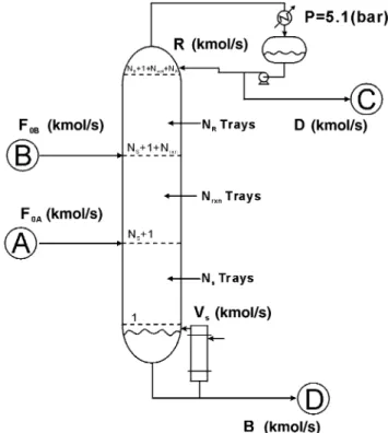 Fig. 1. The reactive distillation with N R rectifying trays, N r×n reac- reac-tive trays, and N S stripping trays under conventional feed arrangement ( N F,B = N r×n,top and N F,A = N r×n,bot ).