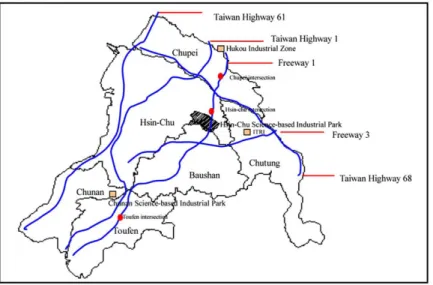 Fig. 5. Hsinchu district: location and major infrastructure and urban characteristics.