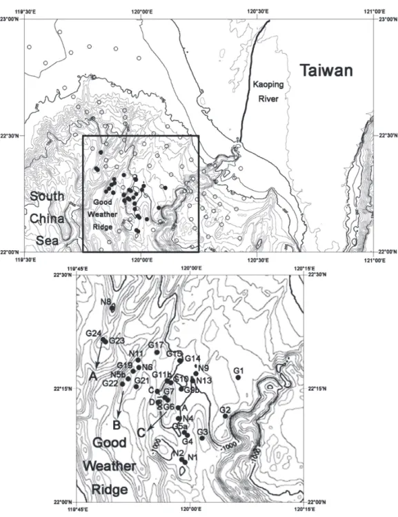 Fig. 1. Sampling sites offshore of southwestern Taiwan (open circles: gravity cores, black circles: piston cores)