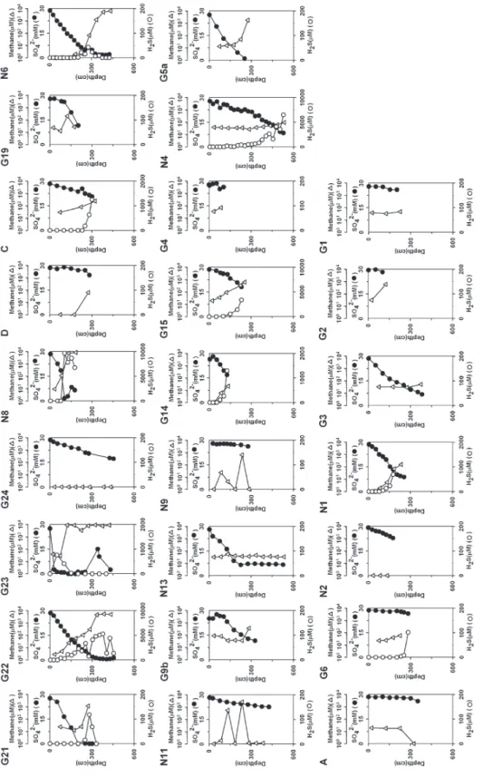 Fig. 4. Vertical profiles of sulfate (solid circle), dissolved sulfide (open circle) and methane (triangle) concentra- tion in the Good Weather Ridge sediments