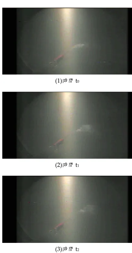 圖 2.4.2-1 應用深水攝影技術於翡翠水庫大壩水下 85 米處示蹤劑實驗 (陳，民 93 年)