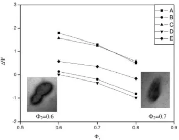 Figure 9. The predicted free energy changes of five final states for  BD/BPO systems with NCO/OH=1.0 and different volume    fractions of PMMA