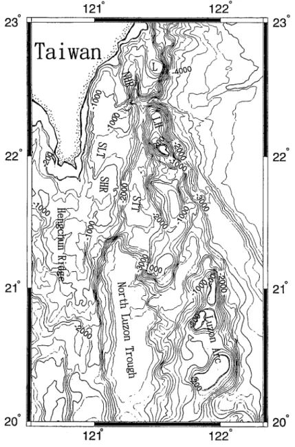 Figure 5. Bathymetric map showing a series of  N-S trending submarine ridges and troughs off  southeastern Taiwan
