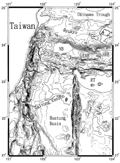 Figure 6. Off eastern Taiwan lies the deep Huatung Basin which is bordered by a prominent N-S  trending Gagua Ridge to the east