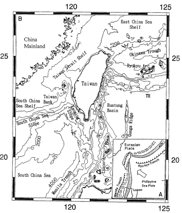 Figure 1. Generalized tectonic setting in Taiwan region (A). Bathymetric map showing shallow  and wide shelves covered by the East China Sea, Taiwan Strait and South China Sea  along  the southeastern Chinese margin