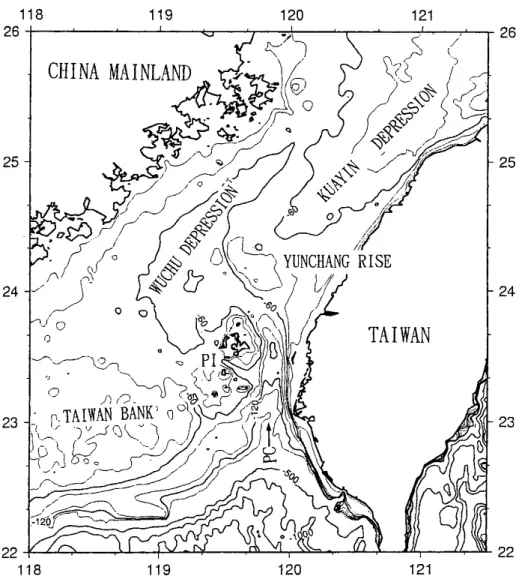 Figure 3. Bathymetric map showing three major bathymetric depressions: Kuanyin Depression,   Wuchu Depression and Penghu Channel on the Taiwan Strait