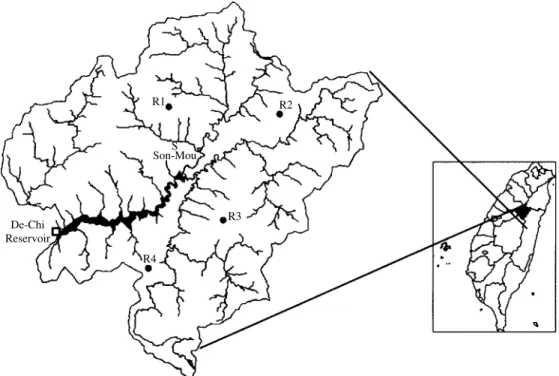 Figure 3. Location of gauge stations in the upstream part of the Da-Chia River