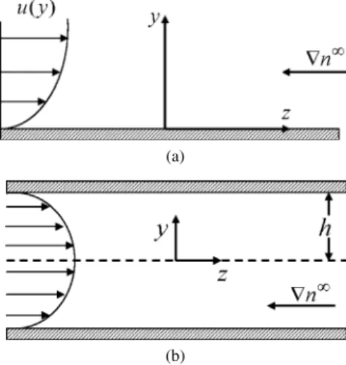 Fig. 1. Geometrical sketches for the diffusioosmosis due to an applied concen- concen-tration gradient of an electrolyte: (a) flow tangential to a plane wall; (b) flow in a capillary slit.