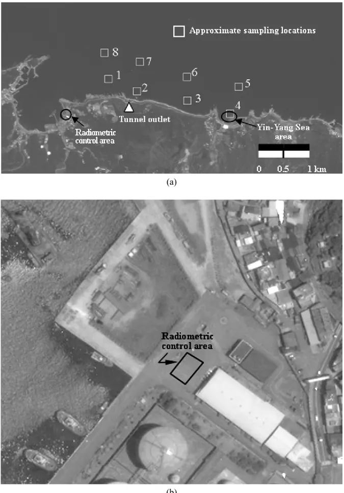 Figure 2. Water sampling locations in the coastal area near the YST tunnel outlet (a) and  the radiometric control area (b)