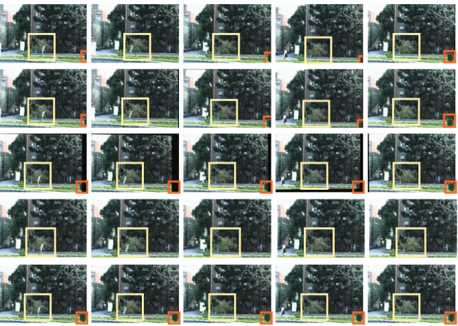 Figure 12: Top row: Five frames of the original video. Orange and yellow rectangles show two trees in the video