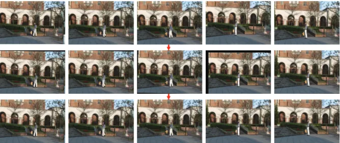Figure 13: Top row: Five frames of the original video. Middle row: Stabilized frames. The black regions show the missing areas.