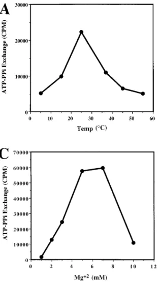 FIG. 2. Properties of FenB. Effects of temperature (A), pH (B), and Mg 21 concentration (C) in FenB activity