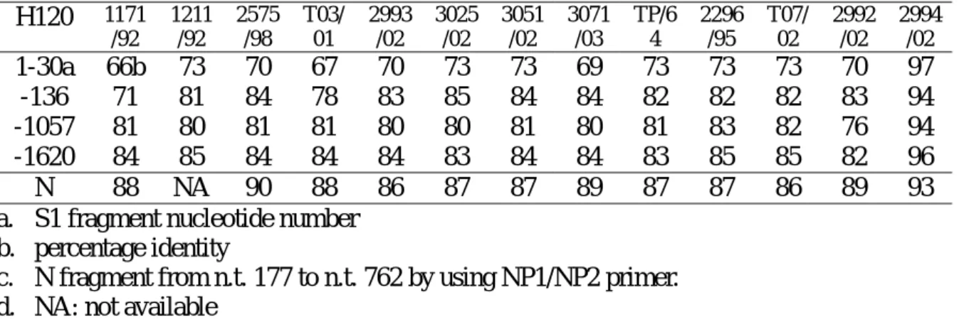 Table 4. Nucleotide identity in N fragment of the S1 gene between SARS virus and Taiwanese  strains 
