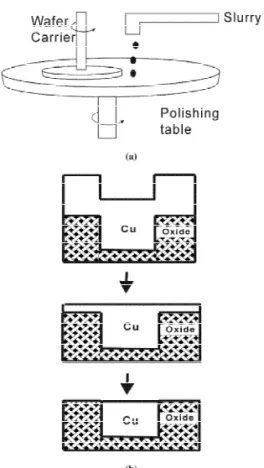 Fig. 1. Schematics of CMP (a) and snapshots of Cu removal (b).