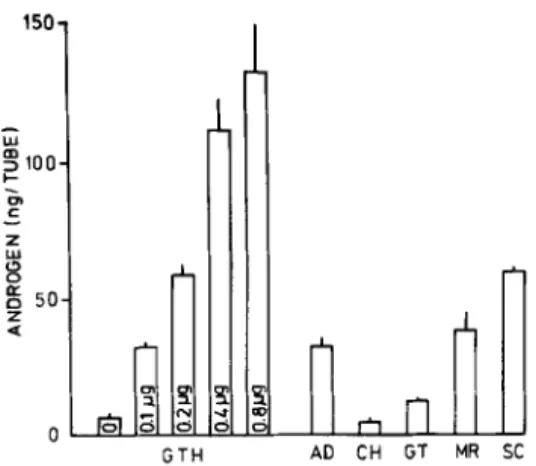 FIG. 6.  The  effects of inhibitors  of RNA  and  protein  synthesis,  and  steroidogenesis  on  androgen  production  by carp  testis  in  vitro  under  the  stimulation  of cGTH