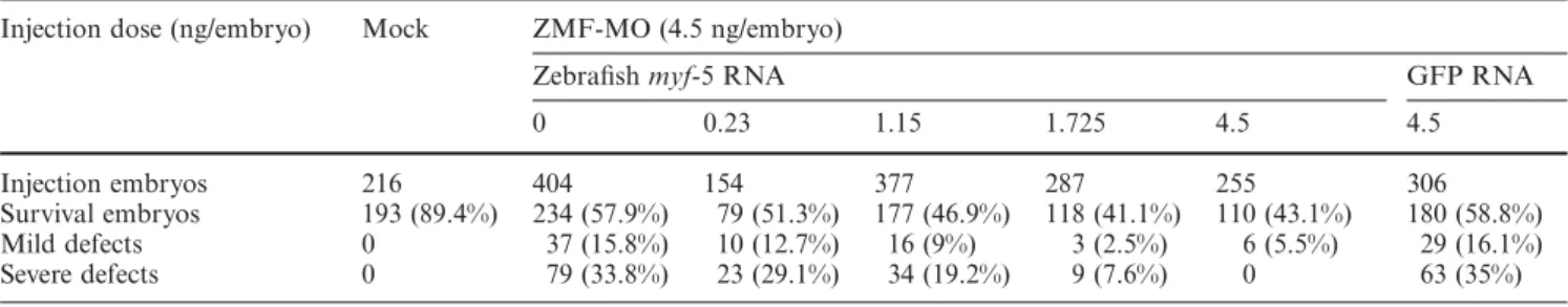 Table 2 Dose response of phenotypes rescued by coinjection of ZMF-MO and capped zebrafish myf-5 or GFP RNAs Injection dose (ng/embryo) Mock ZMF-MO (4.5 ng/embryo)