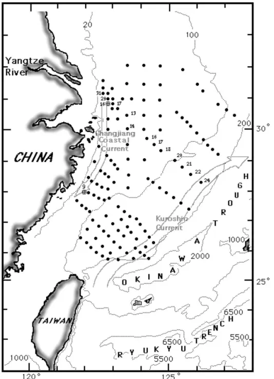 Fig. 1. Study area and sampling stations v . [: Core locations. Dashed line contours are in meters.