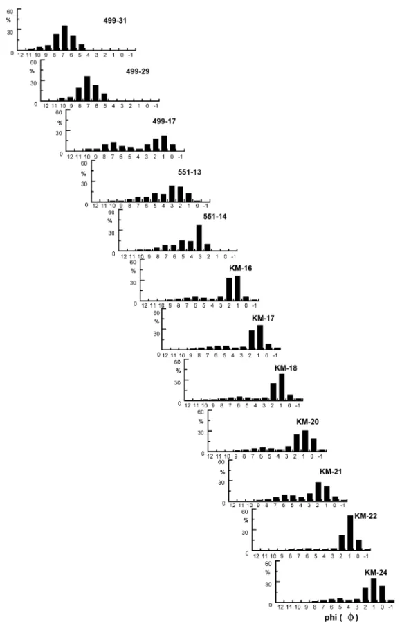 Fig. 3. Grain size variations from Station 31 near the Yangtze River to 24 shelf break 