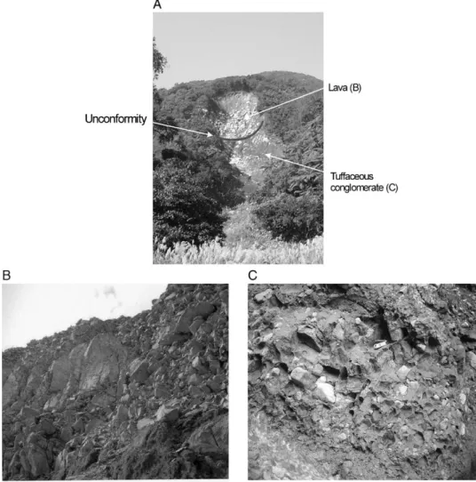 Fig. 3. Photographs of the debris flow source area. (A) Overview. (B) Lava on the upper slope
