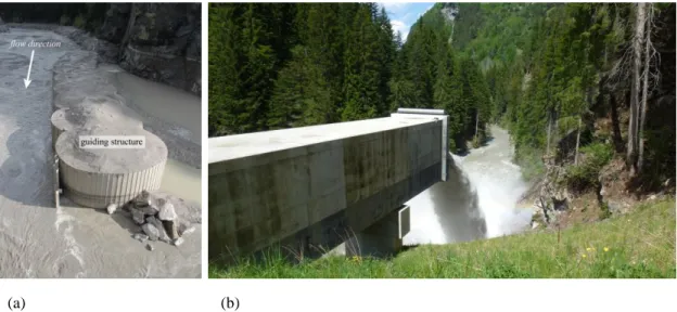 Fig. 3:  SBT Solis, Switzerland, with (a) circular cell cofferdam as guiding structure at the intake during  operation on May 3 rd , 2013, reservoir level at approx
