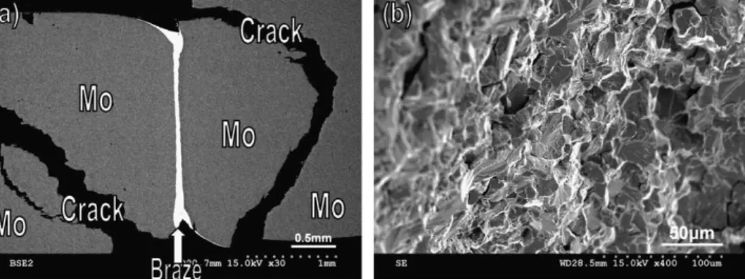 Fig. 6. The SEM: (a) BEI cross-sectional image and (b) SEI fractograph of the infrared brazed Mo/70Au–22Ni–8Pd/Mo joint at 1050 C for 180 s after the shear test.