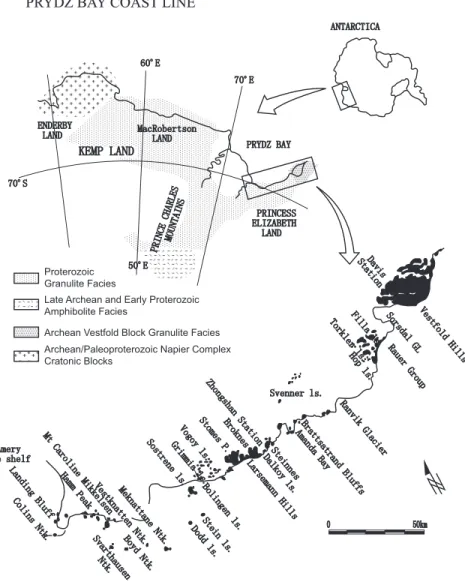 Fig. 1. Location and regional geological setting of the Larsemann Hills, East Antarctica (modified from Stu ¨ we and others, 1989).