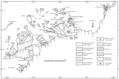 Fig. 2. Simplified geologic map of the Larsemann Hills and sample localities (modified from Stu ¨ we and others, 1989; Carson and others, 1995).