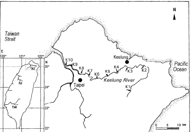 Figure 1. Map of Taiwan, showing the localities of the Keelung River (kl), Houlung River (hl), Tsenwen River (tw), and the sampling sites K1–K10 in the Keelung River.