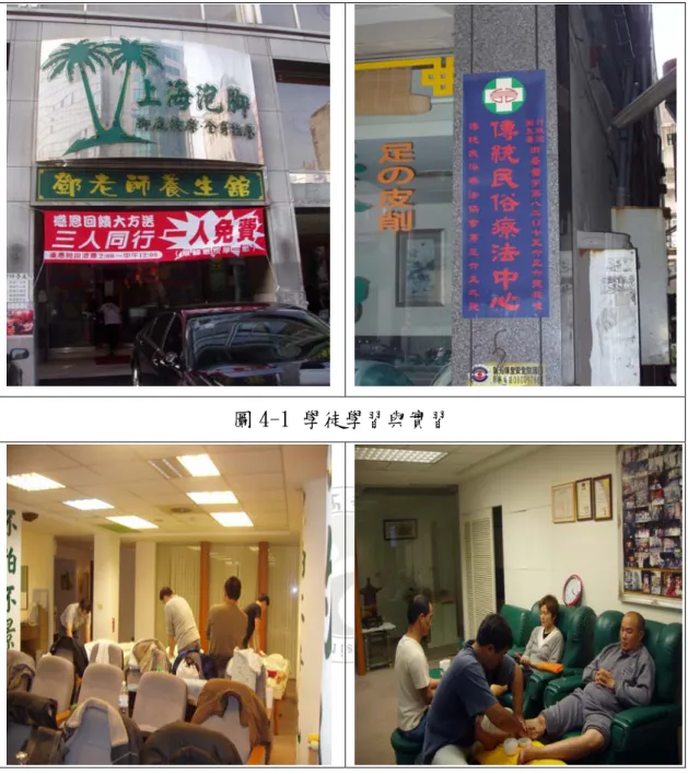 圖 4-1 學徒學習與實習  圖 4-2 高雄五福路鄧老師養生館  三、  傳承與願景  鄧老師養生館為完成連鎖店的志業，在徵求人才的同時，另有開班授 課，有腳底按摩全身指壓儲備專業師招生，以延續連鎖的志願，並歡迎有 志青年一同來加入(註：授課期間二個月，如通過檢定不但保有一技之長， 更提供保障底薪 3 萬元，簽約兩年)。  鄧老師養生館是傳統和流行之中所結合出來的新興行業，但在全球邁
