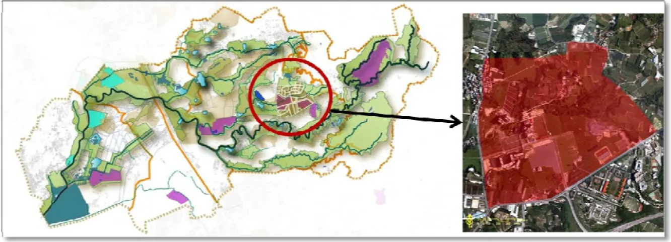 圖 1- 1 研究範圍圖(典寶溪流域與燕巢大學城特定計畫區)  二、  研究內容  談到流域治理就必須從人類集居環境的演變過程中與水相處的態度談起。早期， 河岸、河口為主要人類拓展生存棲地的第一選擇，人們於河川、海洋中捕魚、養殖，從 河川溪流引水以供種植作物之用水，因此人們視水為孕育大地之泉源，河川水系為大地 之血脈。工業化開始，人們開始拓展生活棲地範圍，小城鄉、小漁村變大都市、大港口， 水除了作為民生之必要需求外，也成為交通運輸要道與相關廢水傾倒之管道。越來越多 的水系河川因為滿足人們對於空間、土地發展的