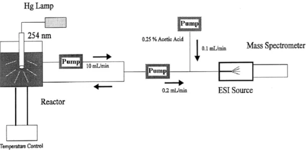 圖 2-2 利用API-MS與汞燈作光化學反應裝置示意圖 7   2005  年Santos 8 等人也利用此API-MS質譜法搭配光化學反應裝置的概 念 作 線 上 偵 測 有 機 反 應 ， 探 究 反 應 機 制 。 作 者 設 計 一 微 型 反 應 器 (microreactor)作有機反應的反應槽介面，連接質譜儀作線上偵測，並說明 此裝置的優勢是能快速偵測反應結果。搭配HPLC管線與注射針幫浦而設計 了針對有機反應的即時偵測裝置(圖 2-3與圖 2-4)，搭配API-MS直接從溶液 中快速偵測反