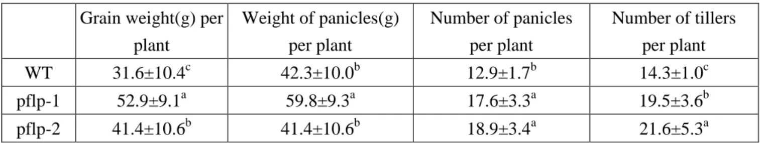 Table II: The crop yield in WT and pflp transgenic lines  Grain weight(g) per 