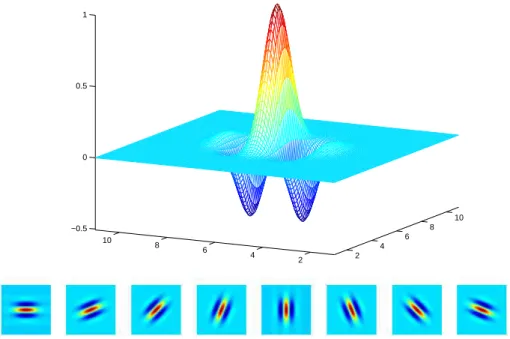 Figure 4: The diagram of 2D Gabor function (upper) and the 8 orientations of the Gabor function for σ u = 1 (lower).