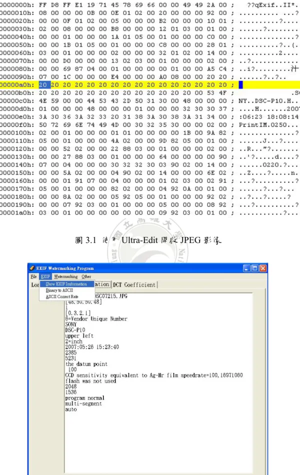 圖 3.1 使用 Ultra-Edit 開啟 JPEG 影像 