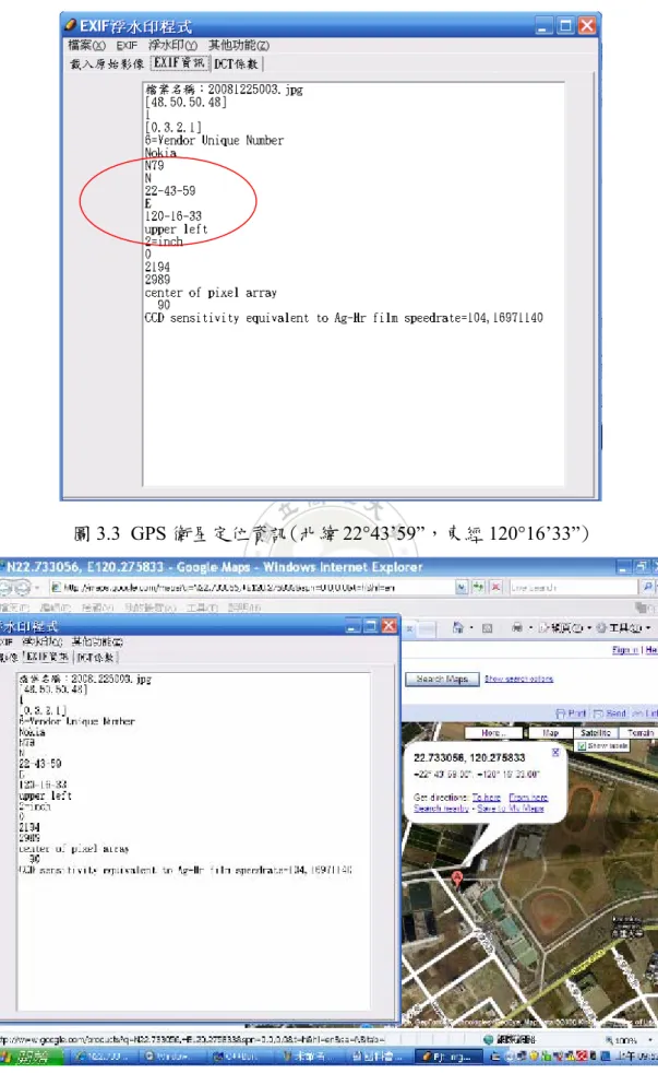 圖 3.3 GPS 衛星定位資訊(北緯 22°43’59”，東經 120°16’33”) 