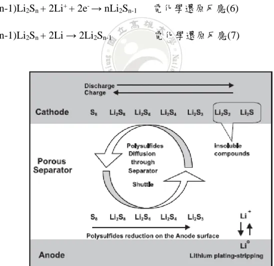 圖 2-3  鋰硫電池穿梭效應示意圖 15 