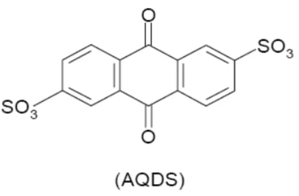 圖 2-4  AQDS(Anthraquinone-2,6-disulfonate)化學結構式  當添加 AQDS 於零價鐵與含氯有機物反應系統中，會形成自由基加 速水合鐵進一步還原含氯有機污染物。文獻指出，使用 Quinone 以加速 零價鐵的還原及含氯污染有機物的降解為一種有效的長期污染物復育策 略(Tratnyek et al., 2001)。  研究顯示 AQDS 可增加催化反應，以去除效果而言，在溫度 55°C 操作條件下，厭氧處理染料廢水，使用偶氮染料 RR2(Reactive red)做為反 