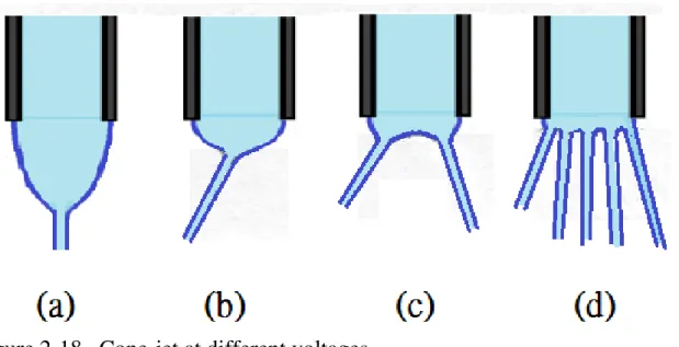 Figure 2-18   Cone-jet at different voltages.  (2)  溶液流量  2002  年  Megelski  47 等學者對於溶液流量對於纖維形態及直徑的影 響進行實驗及比較，發現當溶液流量提高時液柱及纖維成形直徑有明顯 的上升，在  Zong  48 等學者，經實驗將在高流量時所產生的纖維直徑會變 大，但是纖維上卻會因為流量增加的因素在纖維出現的球狀的結構，必 須控制流量與濃度至一定的平衡，才能得到均勻尺寸的纖維。 