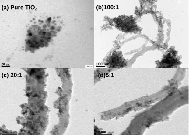 圖 4.4  不同複合比例之 TiO 2 /CNTs 觸媒 TEM 圖： 