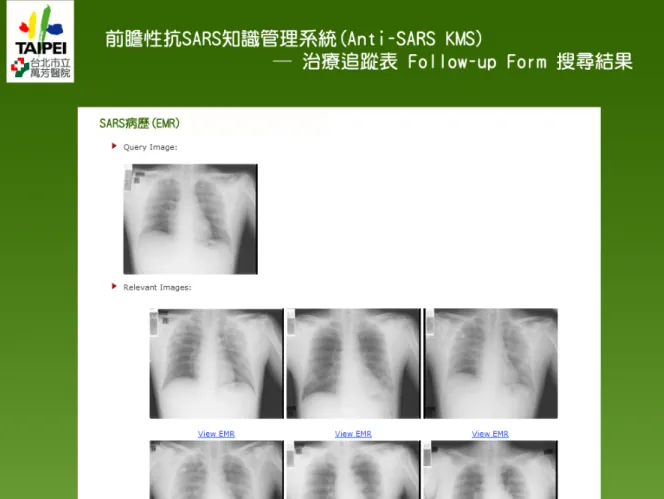 圖 7：胸部 X 光影像檢索結果。以圖 6 中其中一張影像當作查詢影像(Query Image)，透過 GIFT 產生的 QBE 結果，檢索出相似的影像(Relevant Images)。每一張檢索出來的影像，皆可連結到所屬的電子病歷。 