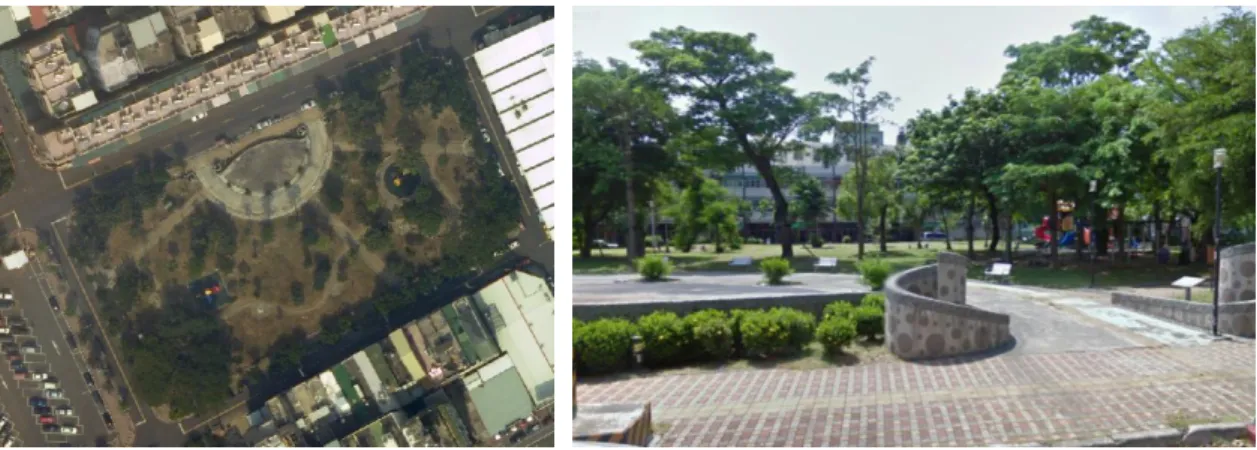 圖  7：楠梓區公園用地八現況  圖  8：公園多以「綠美化」操作  二、 忽略空間自身多樣化功能  傳統公園綠地在現行體制下缺乏整合，導致無論是區位分布還是面積大小皆 無嚴謹考量，同時忽略水域、藍帶或綠廊的串連作用，造成物種間移動的連續性 斷層，形成零星、斷續之綠地型態。  再者，台灣長期仰賴土地使用分區作為標準，然而都市土地使用分區思維較 為單純，若光從字面上解讀，農業區作為農業生產使用；保護區以供保養天然資 源為主；商業區內以建築商店及供商業使用之建築物為主，可以發現，每一種分 區性質只會代表一用途，