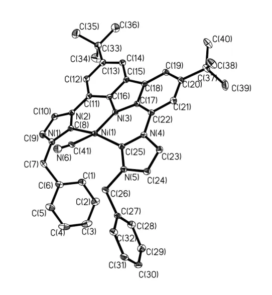 圖  2-5. The molecular structure of compound NiBzCN. Thermal ellipsoids  are drawn at 30% probability
