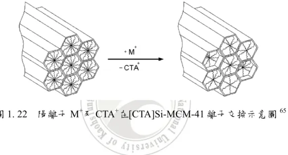 圖 1. 21  (1) [CTA]Si-MCM-41 水解產生 CTA + 陽離子與 OH - 陰離子(2)  [CTA]Si-MCM-41 於 TMACl 水溶液中離子交換 65